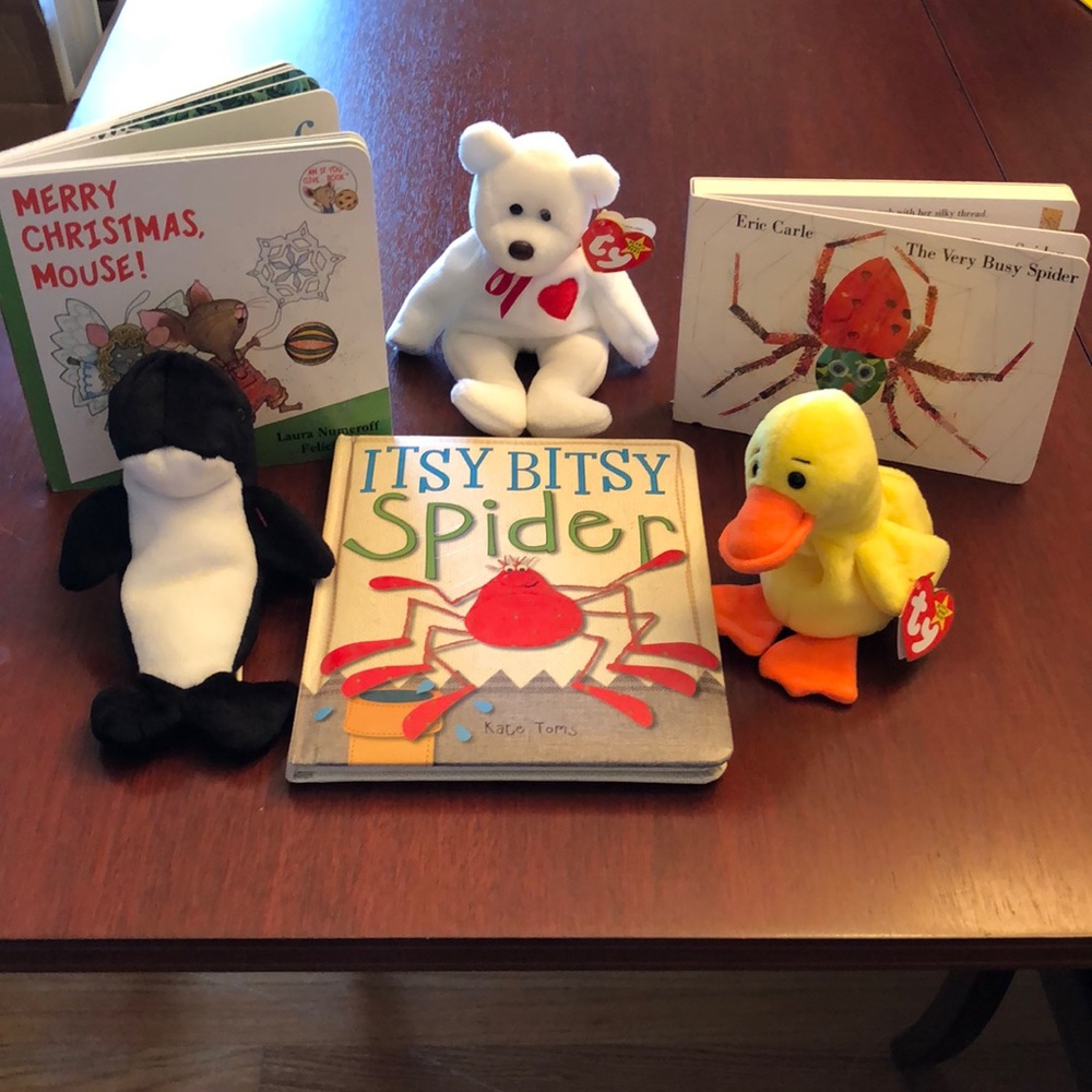 Three board books and three Beanie Babies
